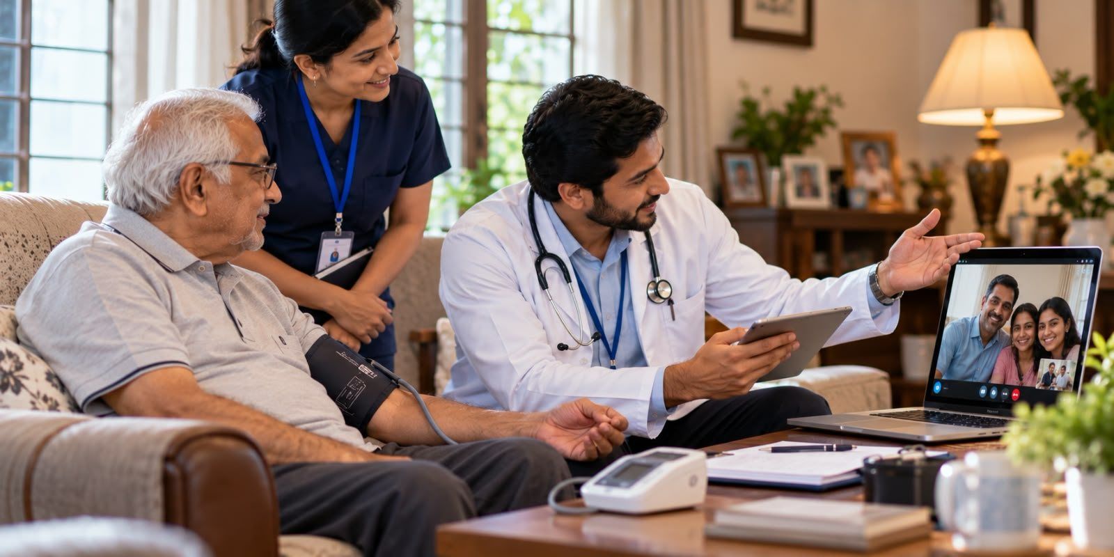 A doctor and nurse with an older man at home, bringing his family in on a video call