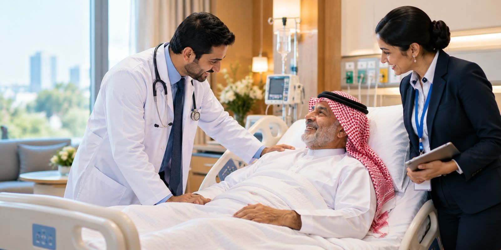 A doctor and a Milligra coordinator with a patient in a hospital room