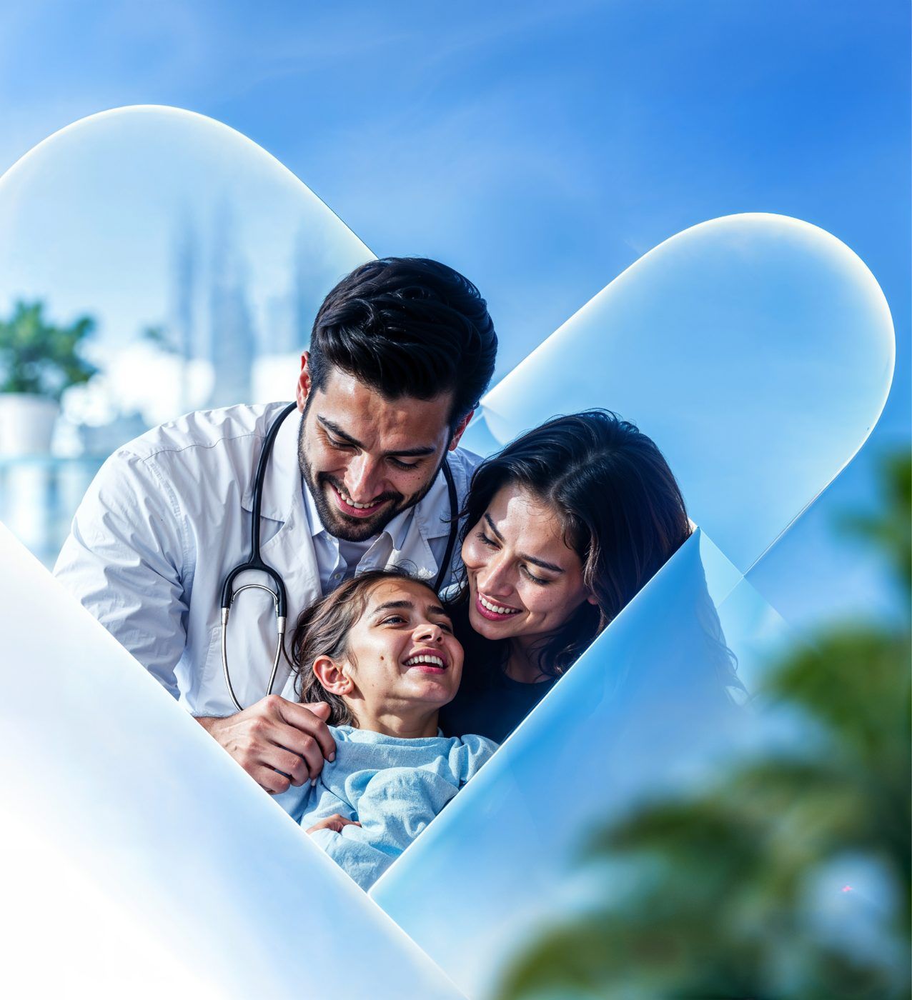 A doctor sharing a warm moment with a young patient and her mother