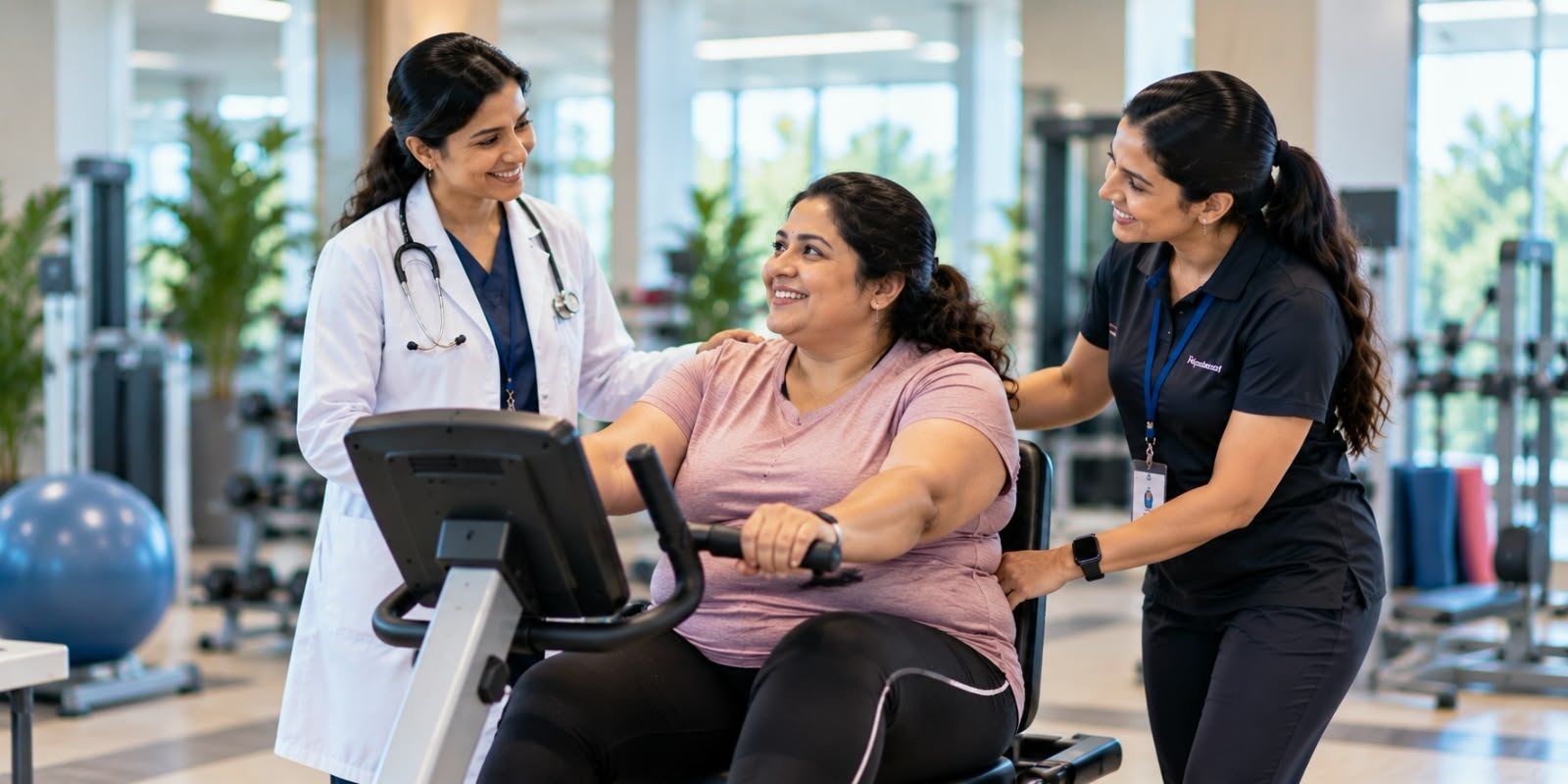 A doctor and an exercise professional supporting a woman during a supervised cycling session