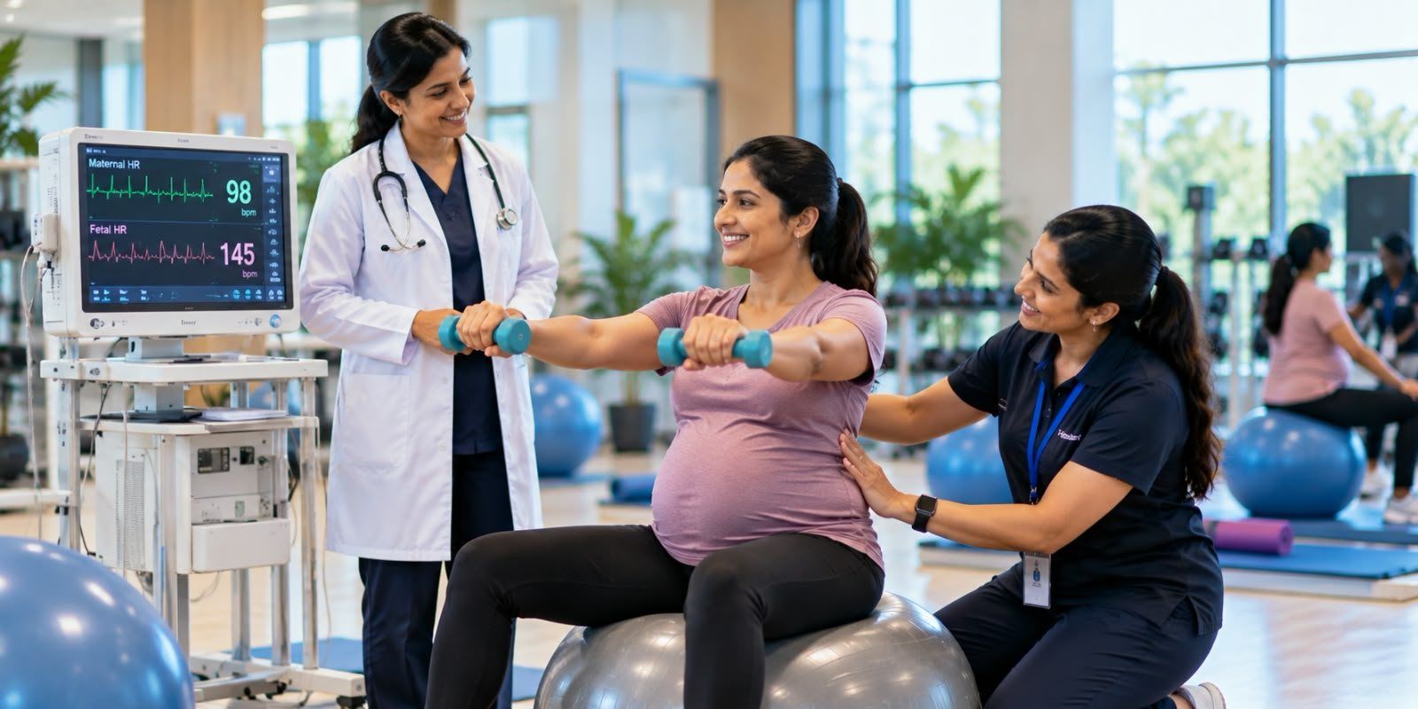 A pregnant woman doing light supervised exercise with a doctor and an exercise professional beside her